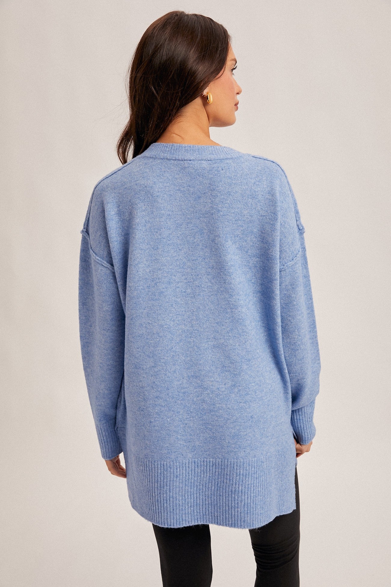 Crew Neck Slit Hem Oversized Tunic Sweater