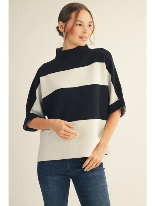 Black Striped Mock Neck Short Sleeve Sweater