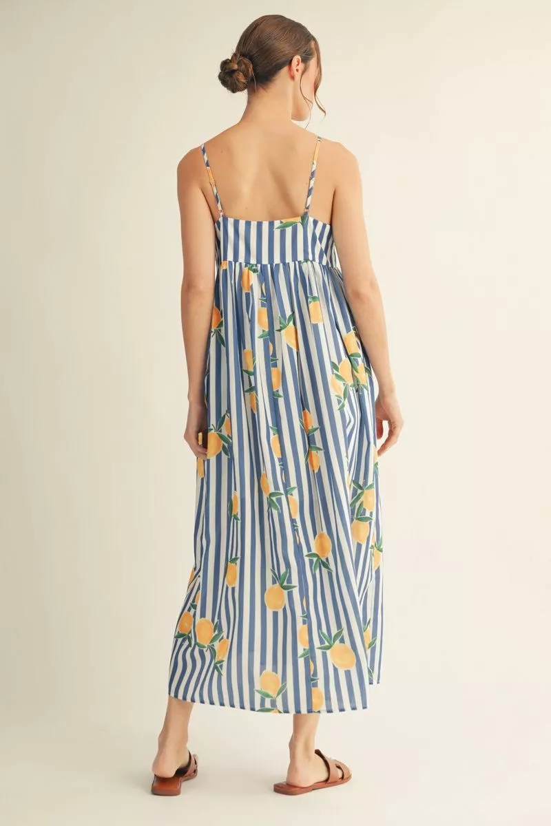 Blue Striped Lemon Print Sleeveless Midi Dress