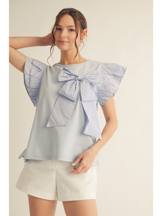 Sky Blue Ruffle Sleeveless Top w/ Bow Detail