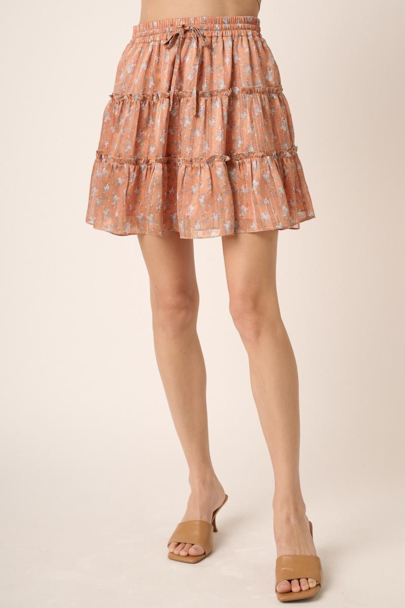Coral Flower Print Ruffle Detail Mini Skirt