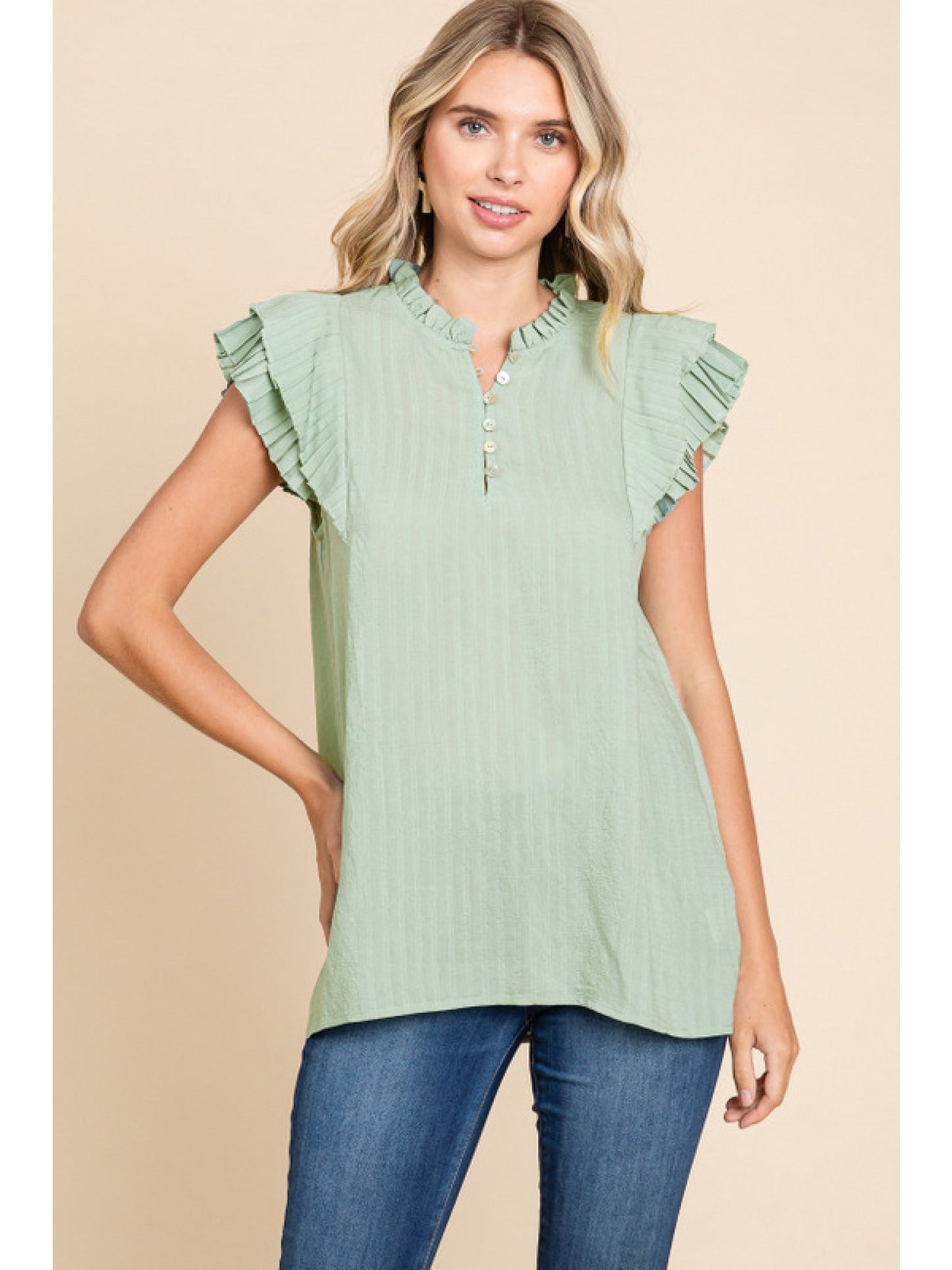 Sage Sleeveless Ruffle Sleeve Blouse