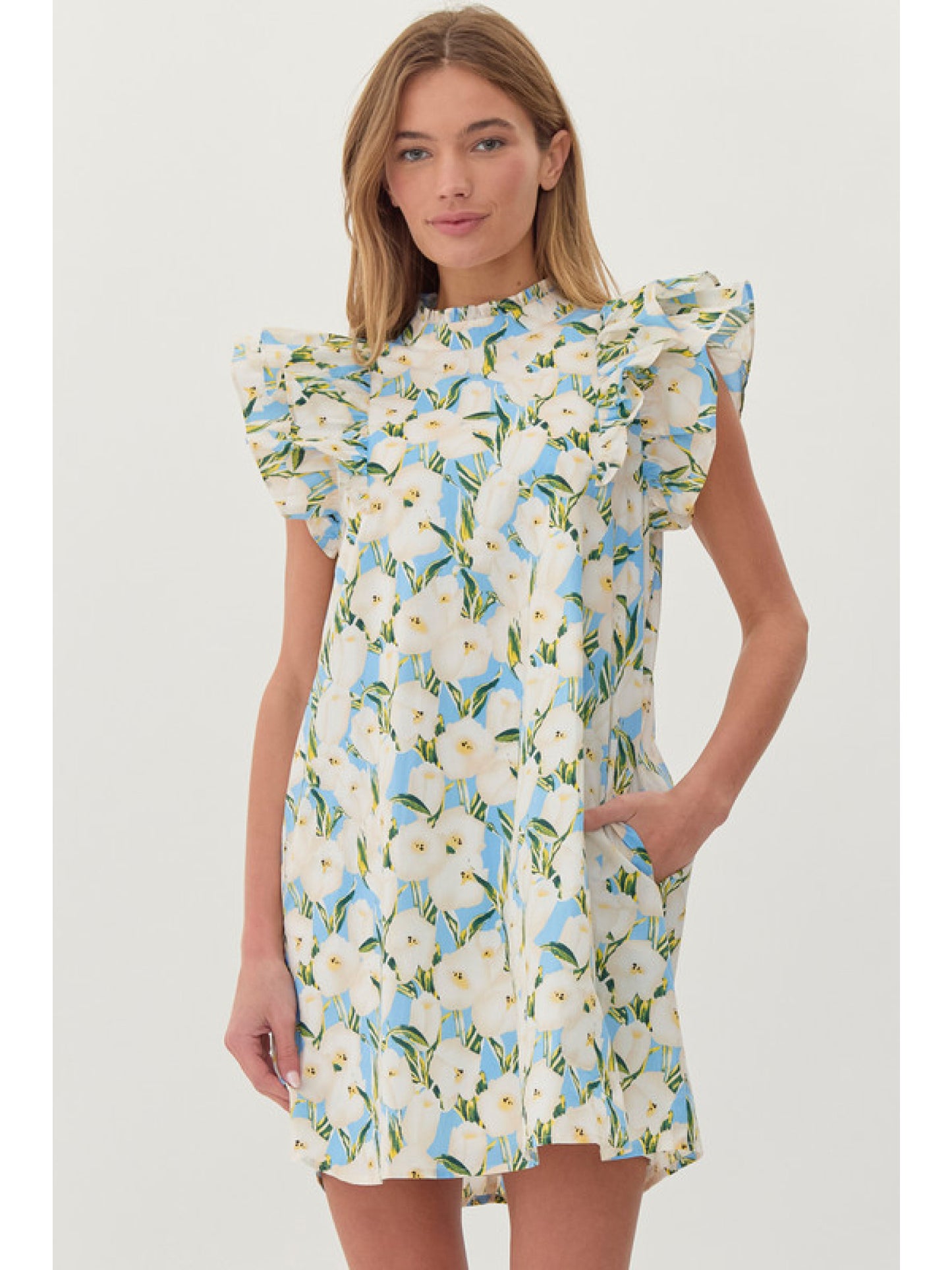 Blue Tulip Floral High Neck Mini Dress