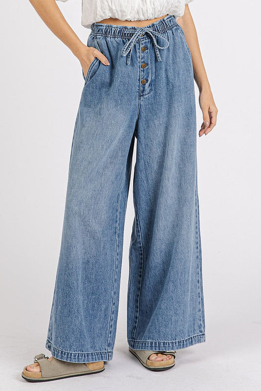 Denim Wide Leg Button Up Drawstring Pants