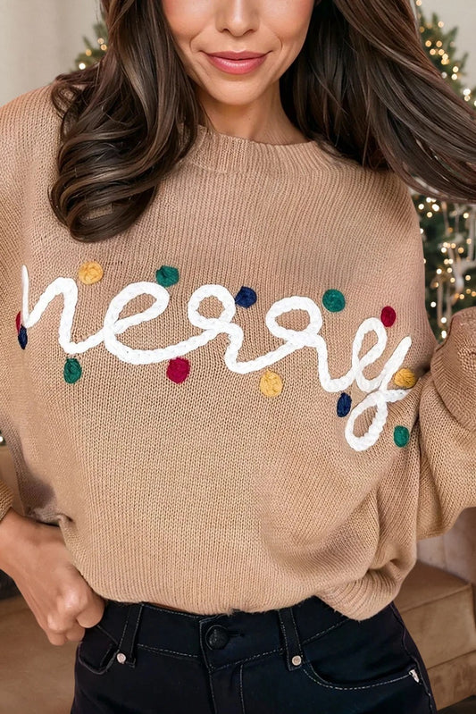 Beige Knit Embroidered 'Merry' Christmas Sweater