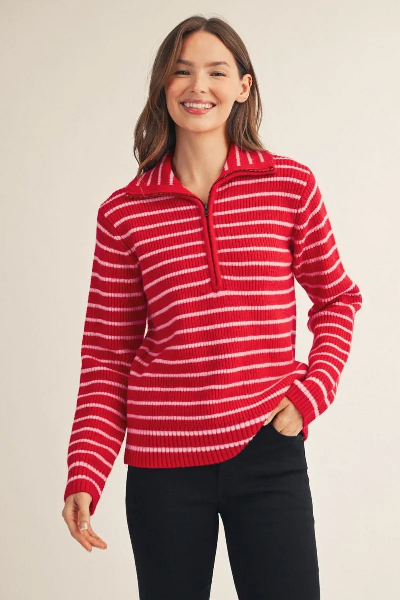 Striped, Zip Up Collared Ribbed Sweater