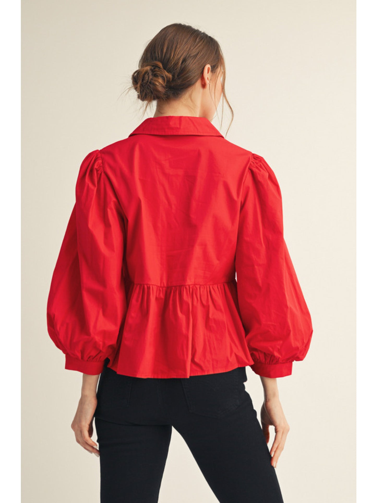Red Collared, V-Neck Balloon Sleeve Babydoll Blouse