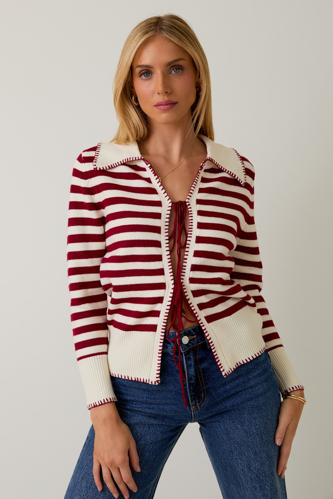 Cream-Berry Striped Peter Pan Collar Tie Front Sweater