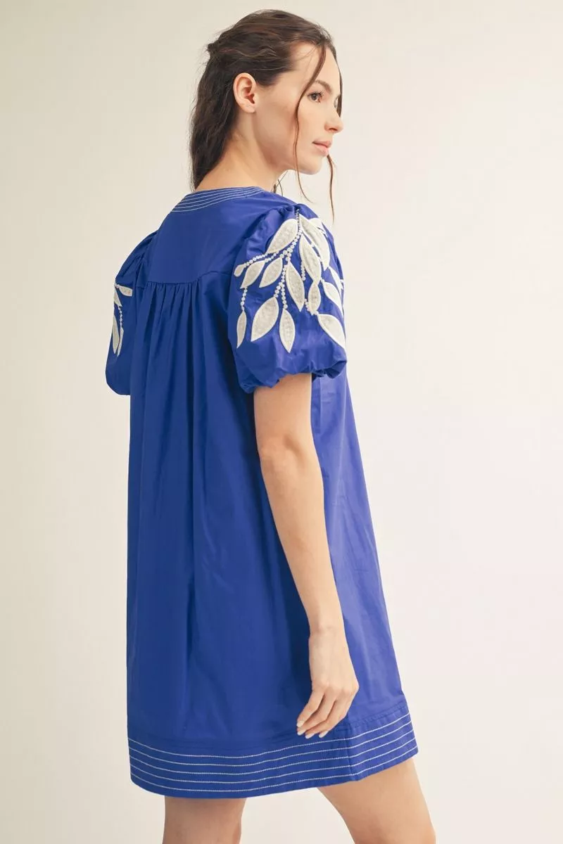 Cobalt Blue Mini Dress w/ Embroidered Short Puff Sleeves
