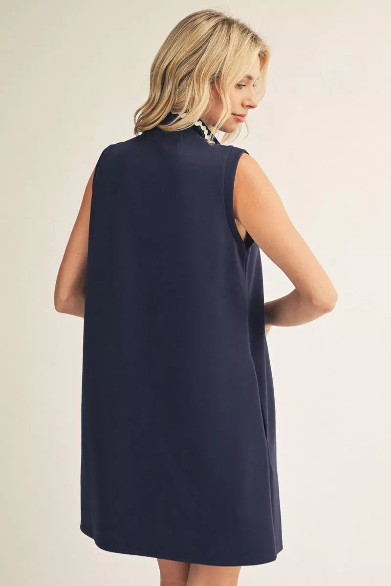 Navy Sleeveless, Quarter Zip Mini Dress w/ RicRac Details