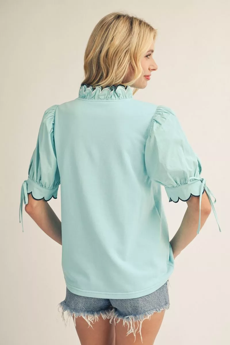 Blue Scalloped Short Sleeve Blouse