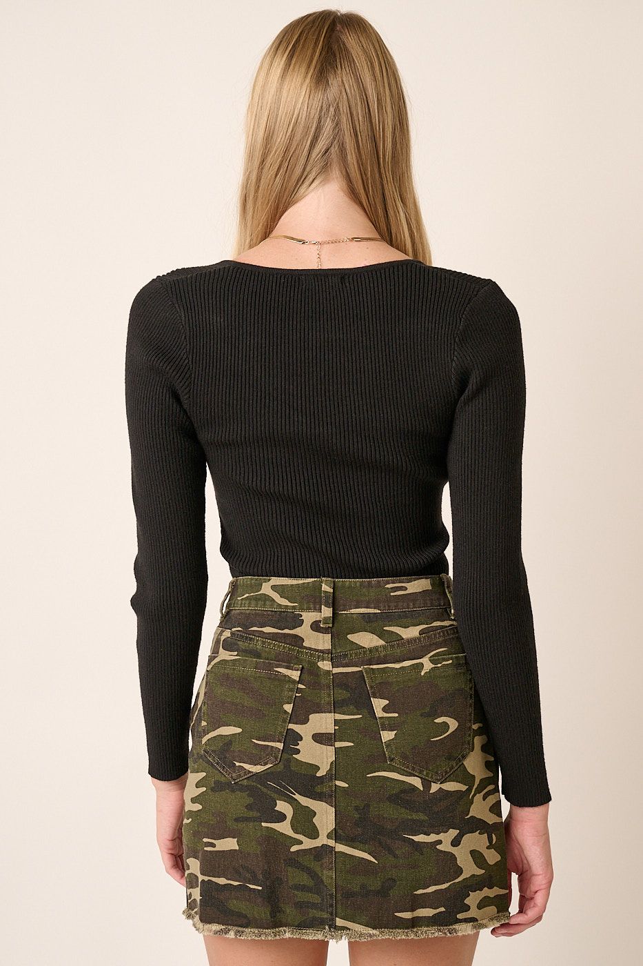 Cropped, Slit Placket Front Long Sleeve Top