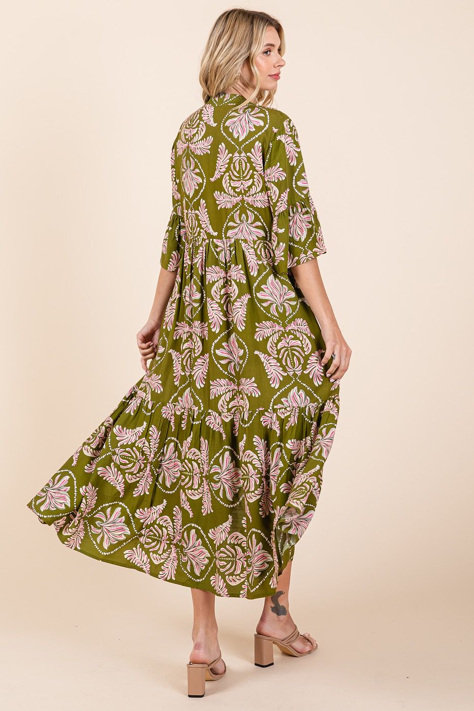 Green Tea Abstract Leaf Print Tiered Ruffle Maxi Dress