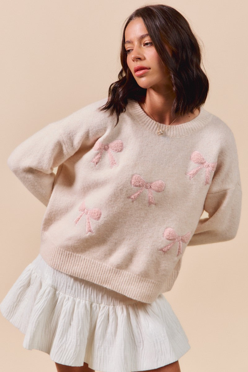 Blush Ribbon Embroidered Loose Fit Sweater