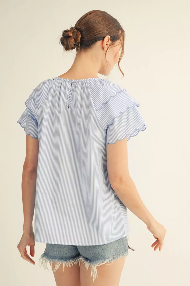 Blue Striped Scallop Trimmed Short Sleeve Blouse