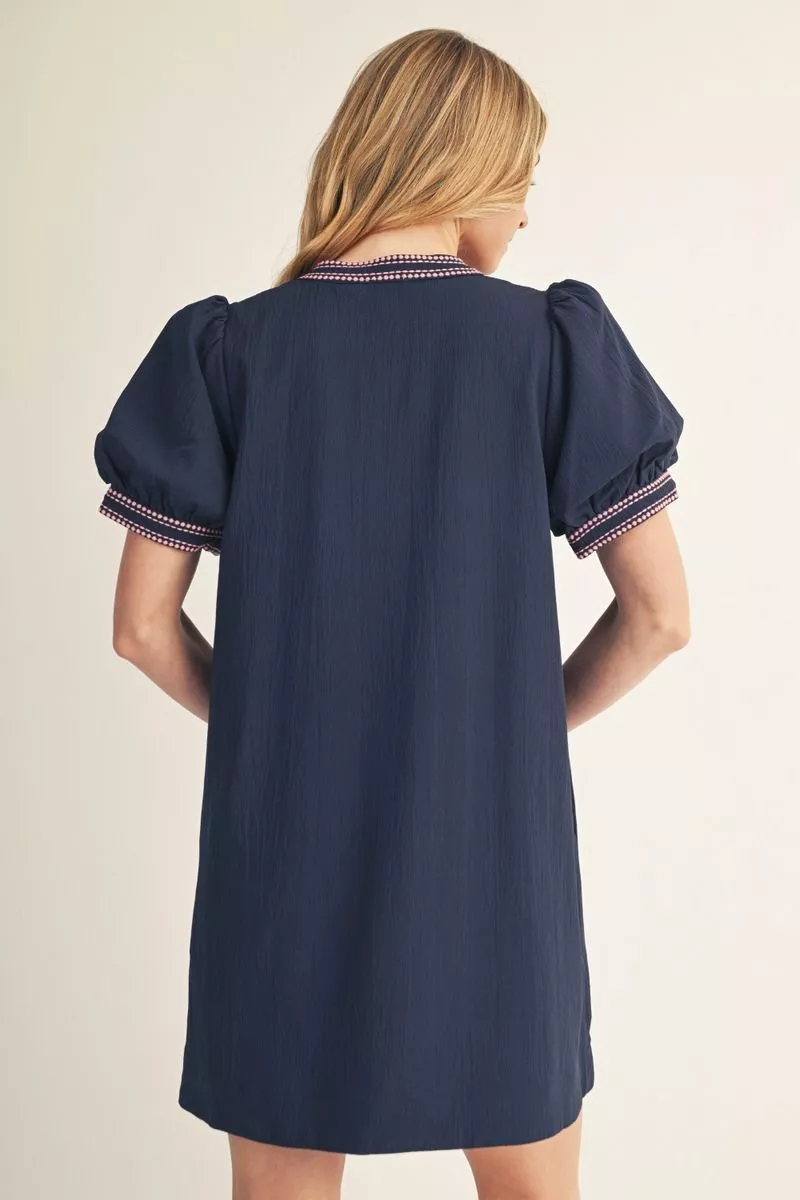 Navy Short Sleeve Mini Dress w/ Pink Details