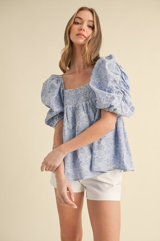 Periwinkle Ruched Short Sleeve Babydoll Blouse w/ Floral Detail