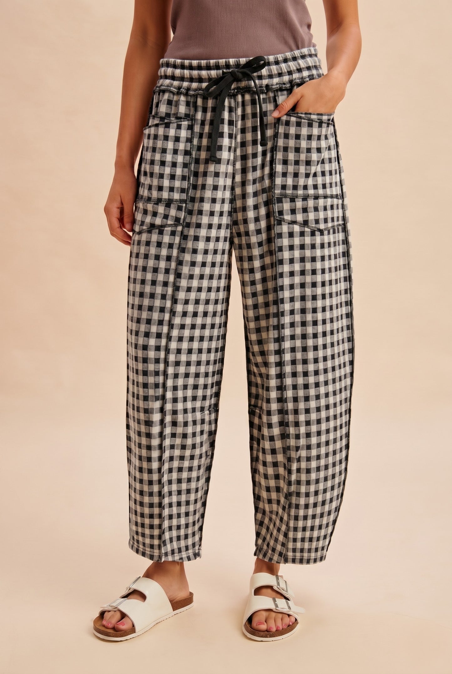 Black Gingham Soft-Brushed, Knit Barrel Pants