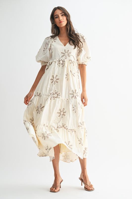 Cream/Mocha Floral Embroidered Short Sleeve Maxi Dress