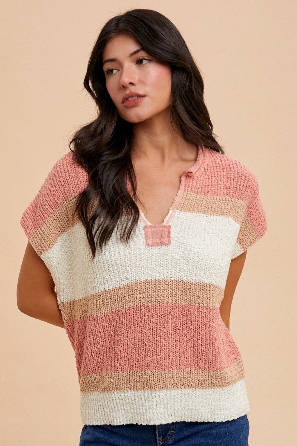 Peach/Ivory Open Knit Color Block Short Sleeve Sweater