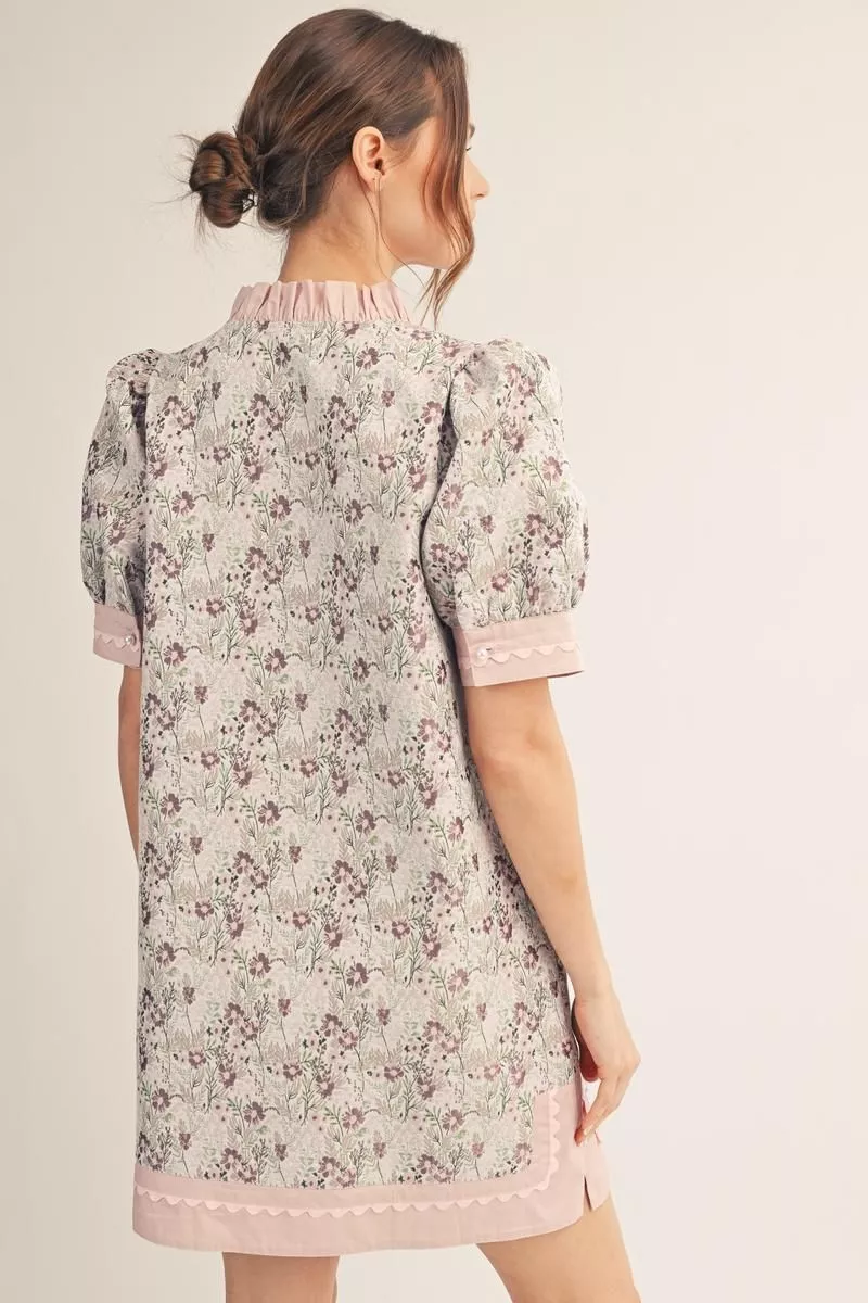 Dusty Pink Floral Short Puff Sleeve Mini Dress
