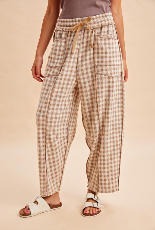 Latte Gingham Soft-Brushed, Knit Barrel Pants