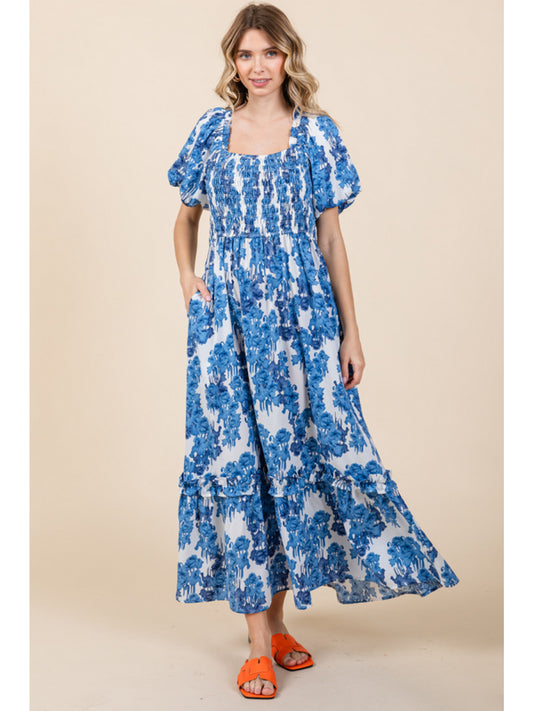 Blue Floral Smocked Top Puff Sleeve Maxi Dress