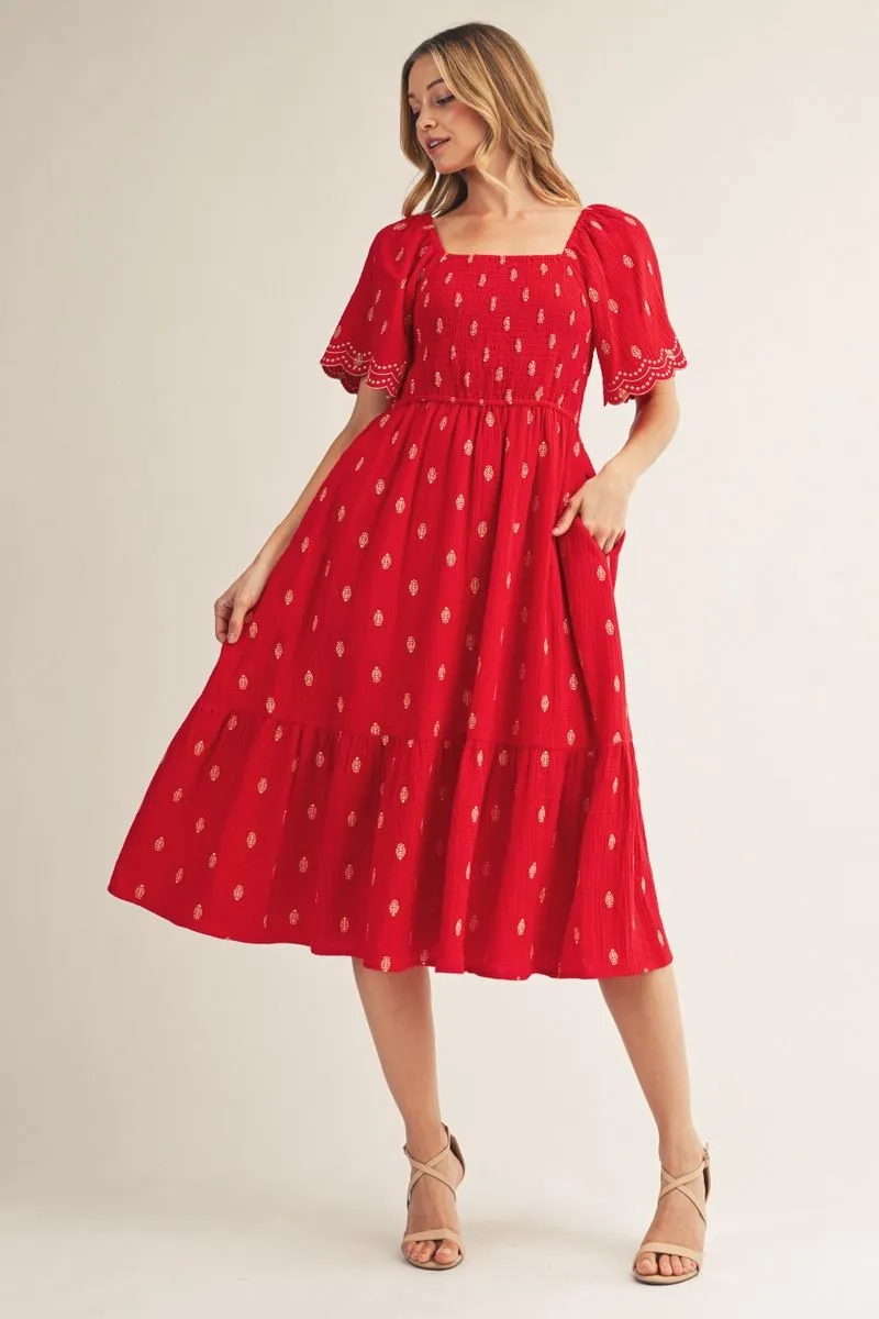 Red Smocked Bodice, Embroidered Midi Dress