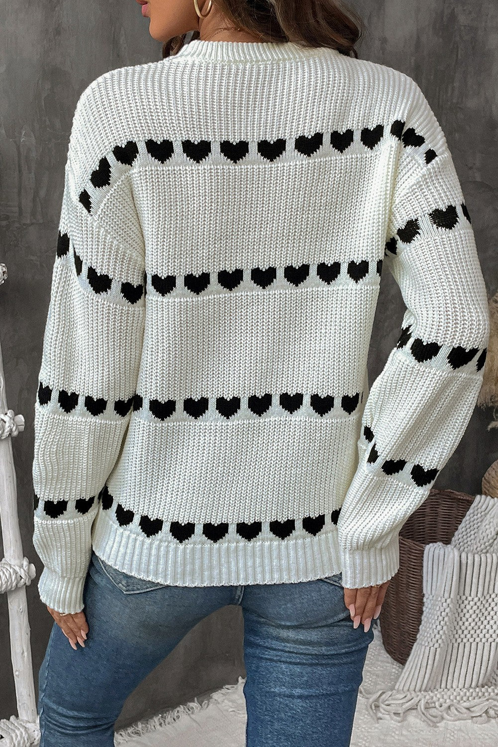 White with Black Heart Stripe Print Sweater