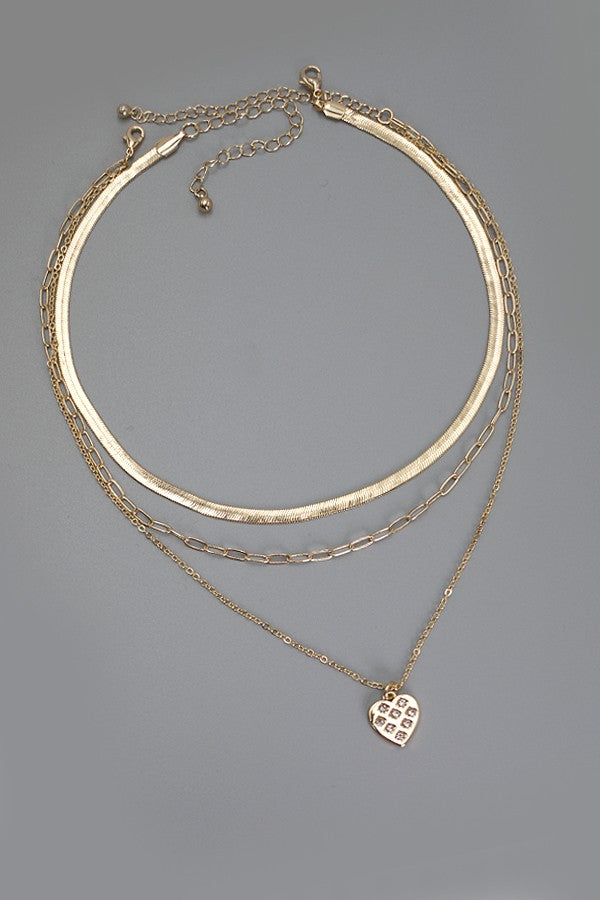 Rhinestone Mini Heart Triple Herringbone Necklace