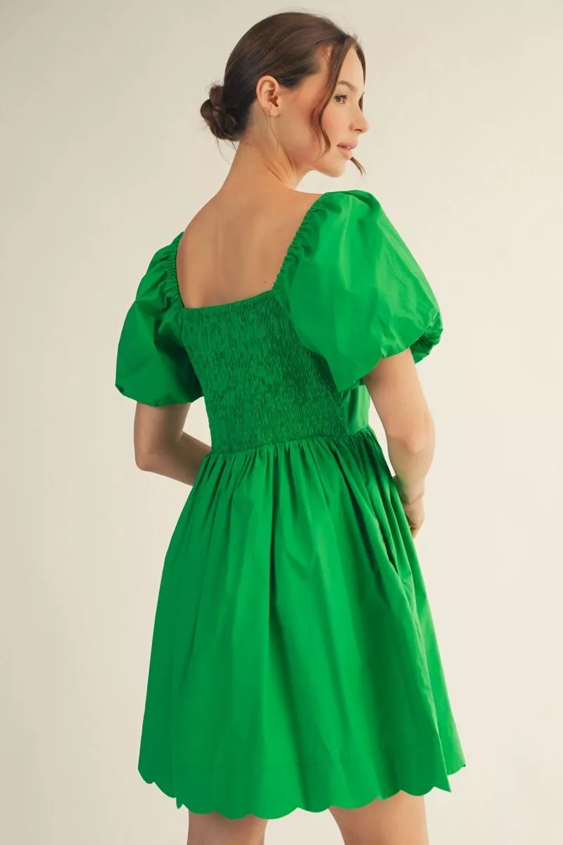 Kelly Green Scalloped Trim Puff Sleeve Mini Dress