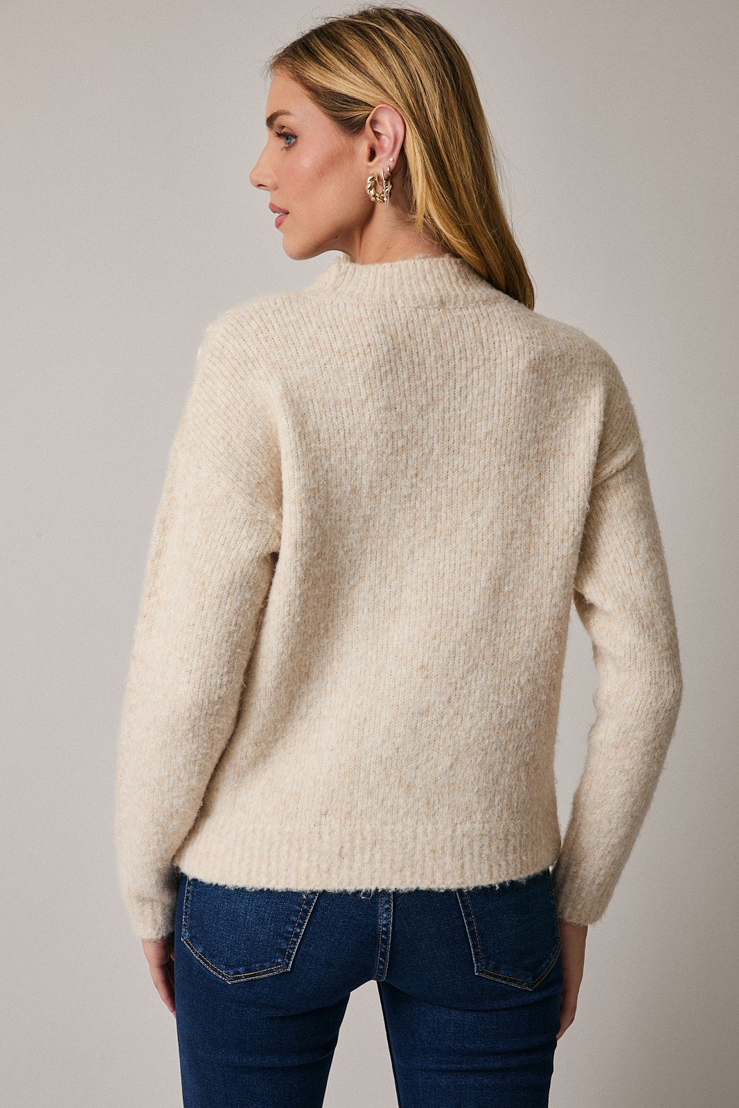 Oatmeal Mock Neck Sweater w/ Floral Embroidery
