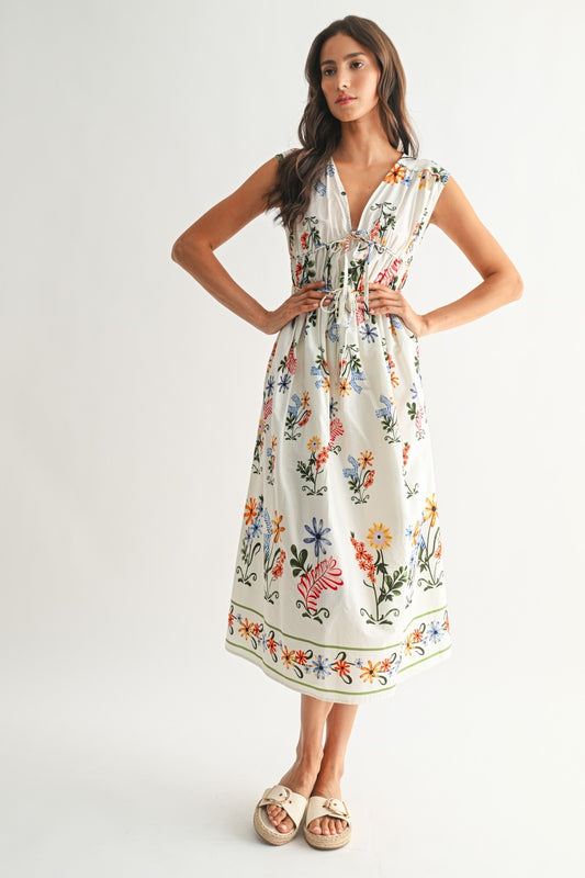 White Floral V-Neck Sleeveless Midi Dress