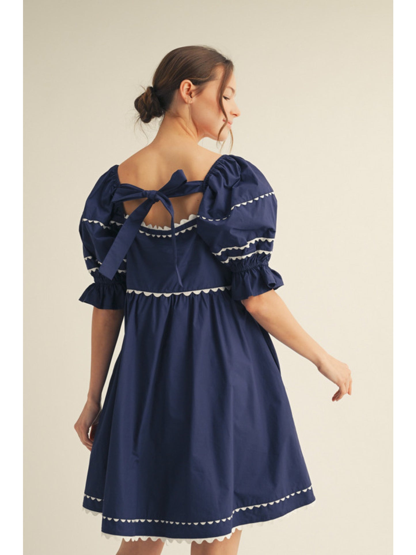 Navy Babydoll Mini Dress w/ Ric Rac Accents