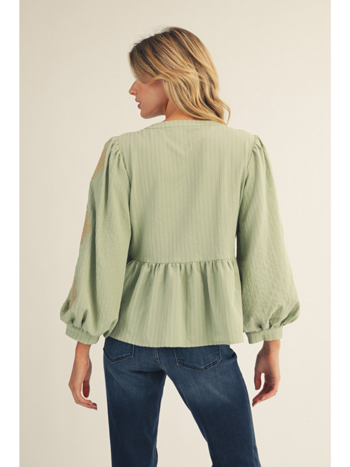 Sage Floral Embroidered Balloon Sleeve Babydoll Blouse