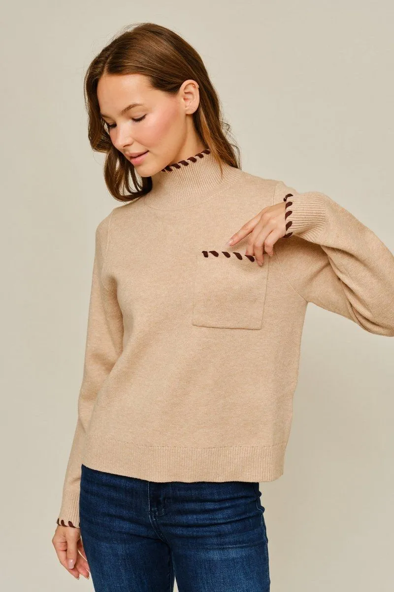 Oatmeal Turtleneck Sweater w/ Accent Pocket