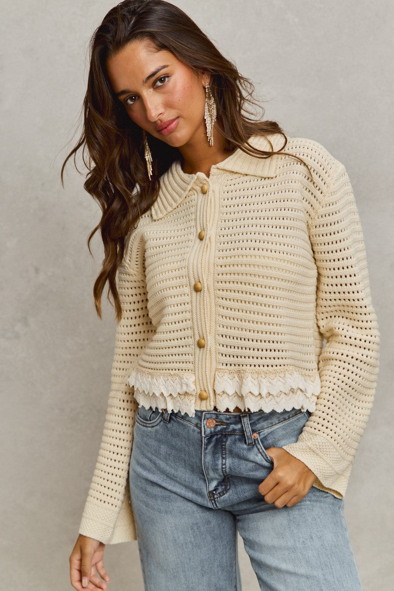 Cream Collared Button Down Sweater w/ Texture + Lace Hem