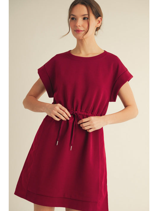 Burgundy Drawstring Waist, Short Sleeve Mini Shirt Dress