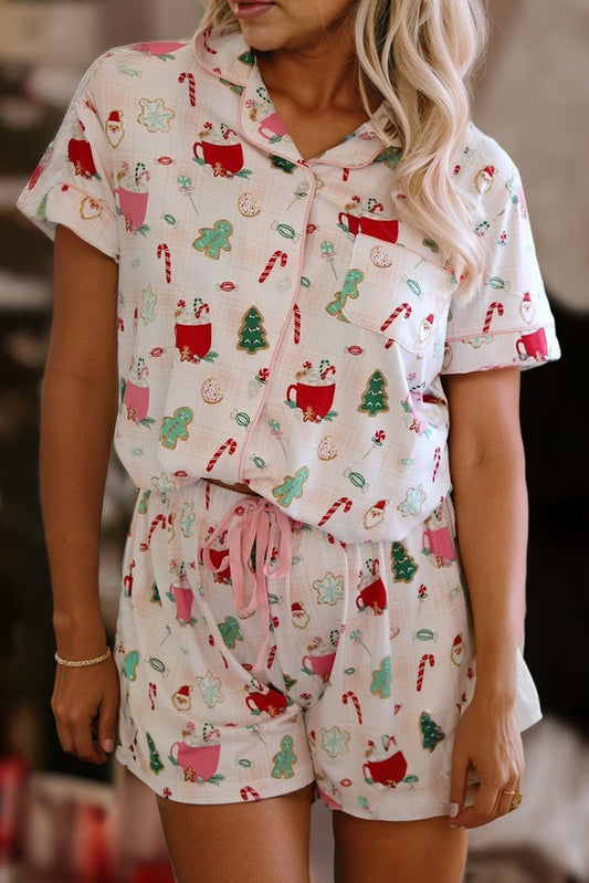Festive Printed Button Up Christmas PJ Top + Bottom Set
