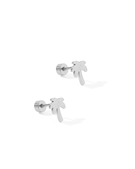 LINNY CO Screwback Stud Earrings - Palm Tree Silver