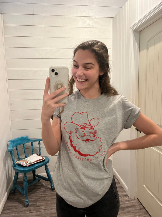 Athletic Heather Retro Cowboy Santa Trendy Winter Tee