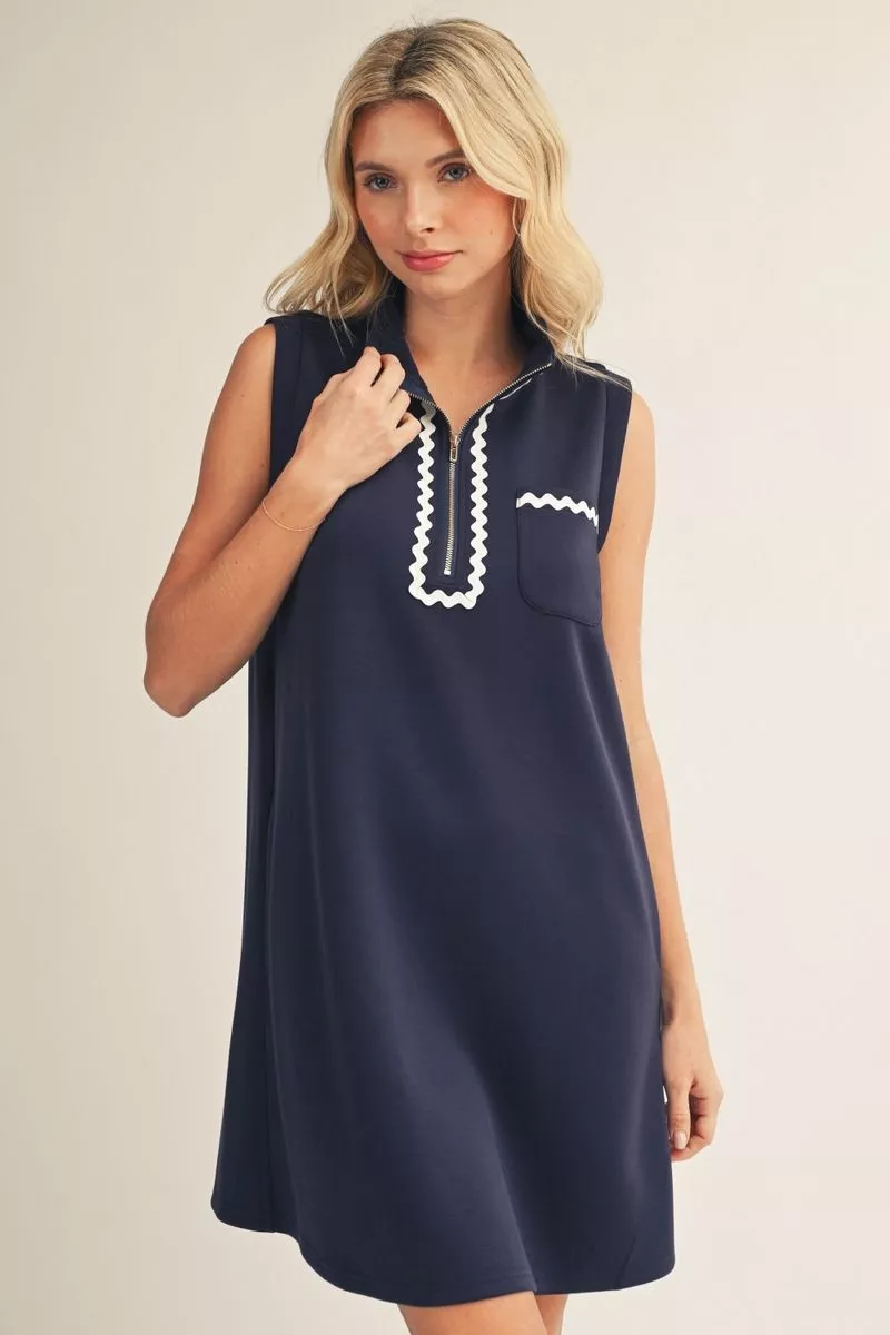 Navy Sleeveless, Quarter Zip Mini Dress w/ RicRac Details