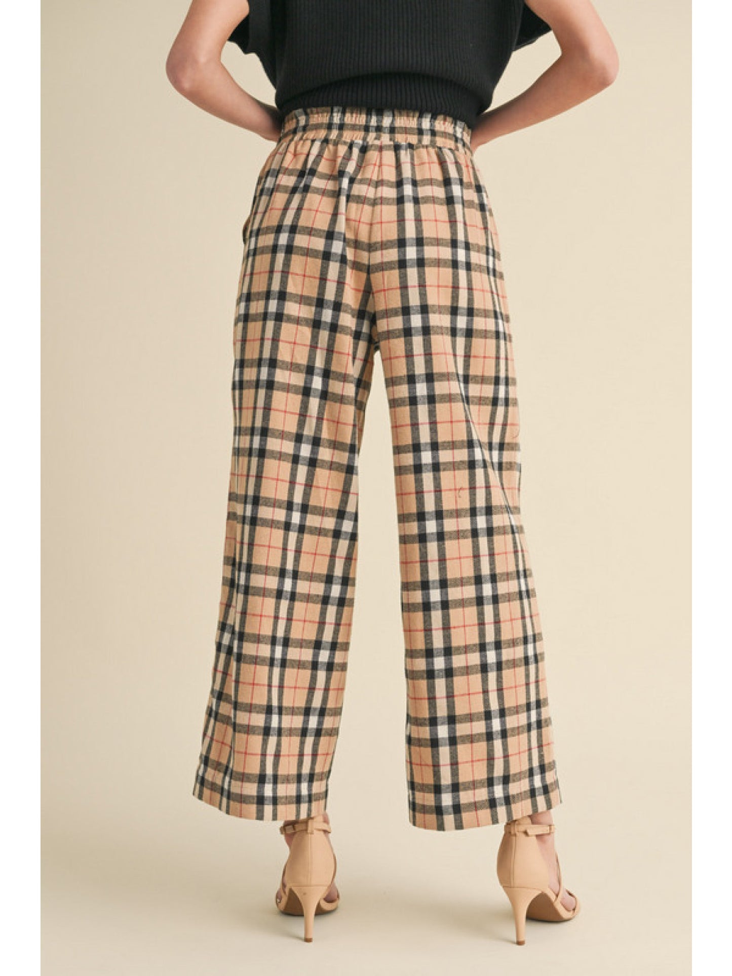 Taupe Plaid Cropped Drawstring Pants