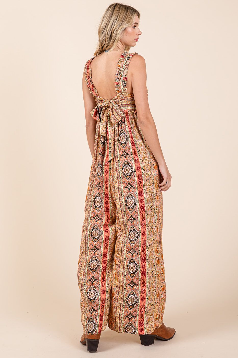 Rust Multi Boho Print Ruffle Strap Tie Back Jumpsuit