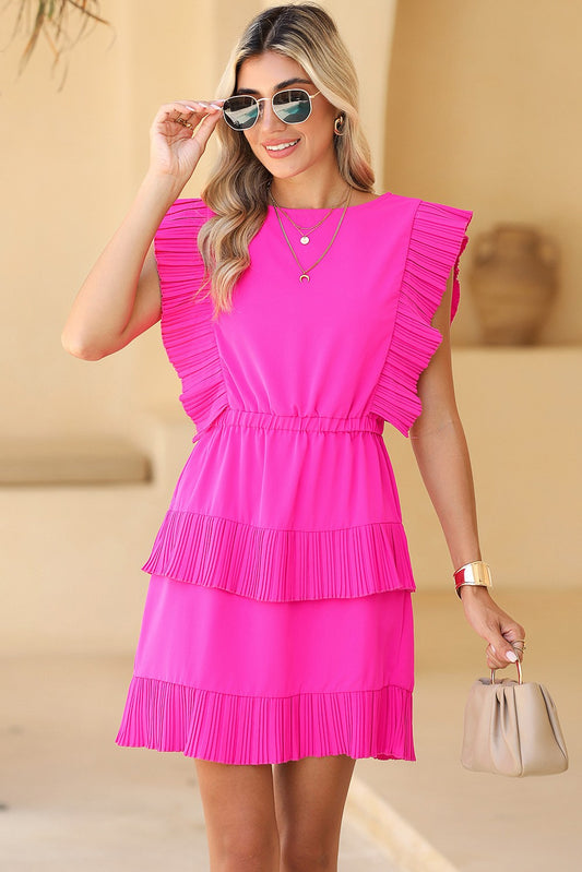 Hot Pink Pleated Ruffle Sleeveless Mini Dress