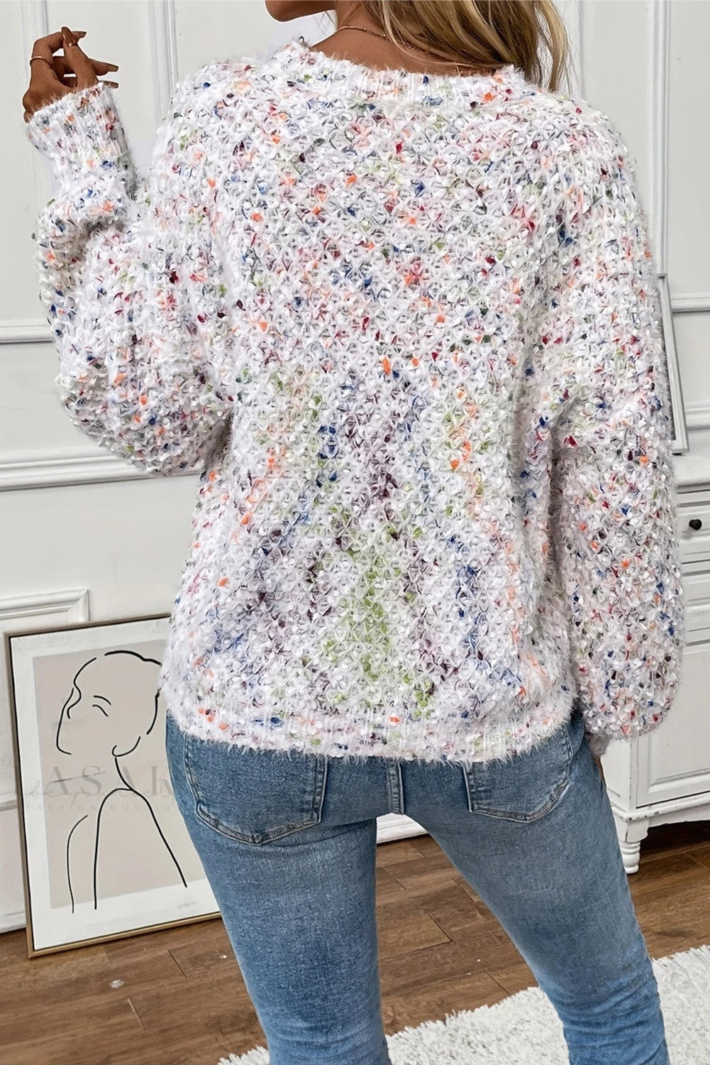 White w/ Multicolor Popcorn Knit Sweater