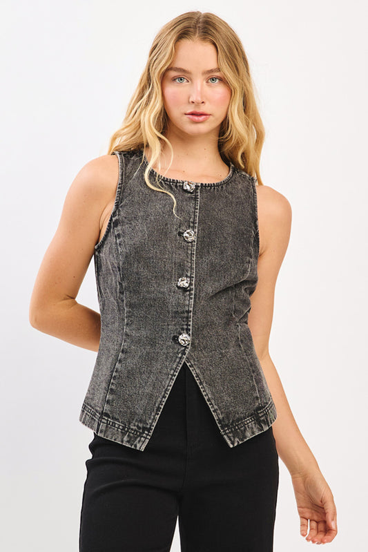 Black Denim Round Neck Button Up Vest Top
