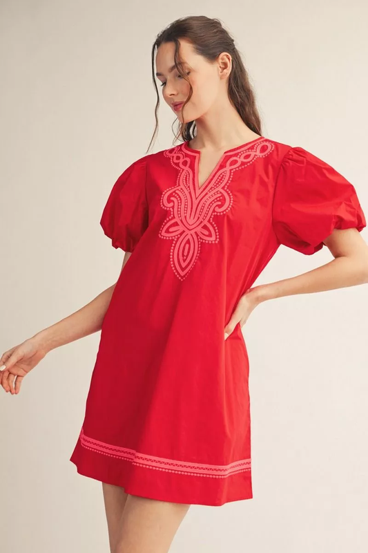 Tomato Red Embroidered Puff Sleeve Mini Dress