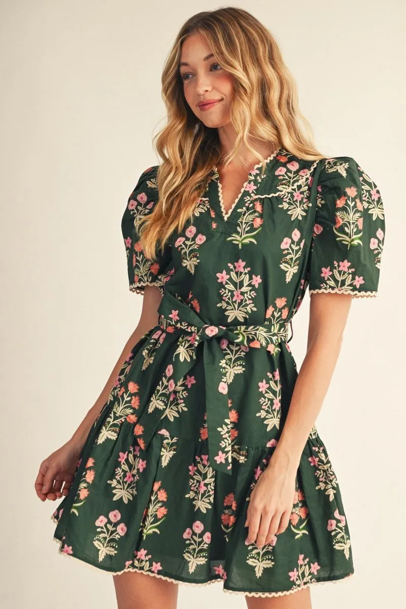 Olive Floral Short Sleeve Tie Waist Mini Dress