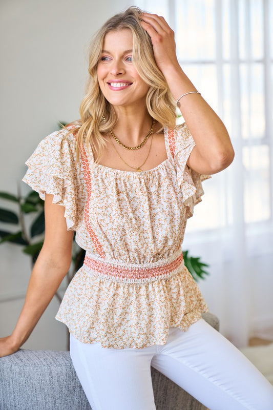 Ivory Floral Embroidered Short Sleeve Top